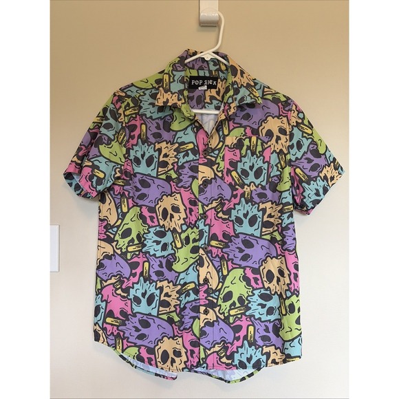 Pop Sick Other - Pop Sick Colorful Skull Skeleton Ice Cream Novelty Button Down Shirt Mens Medium